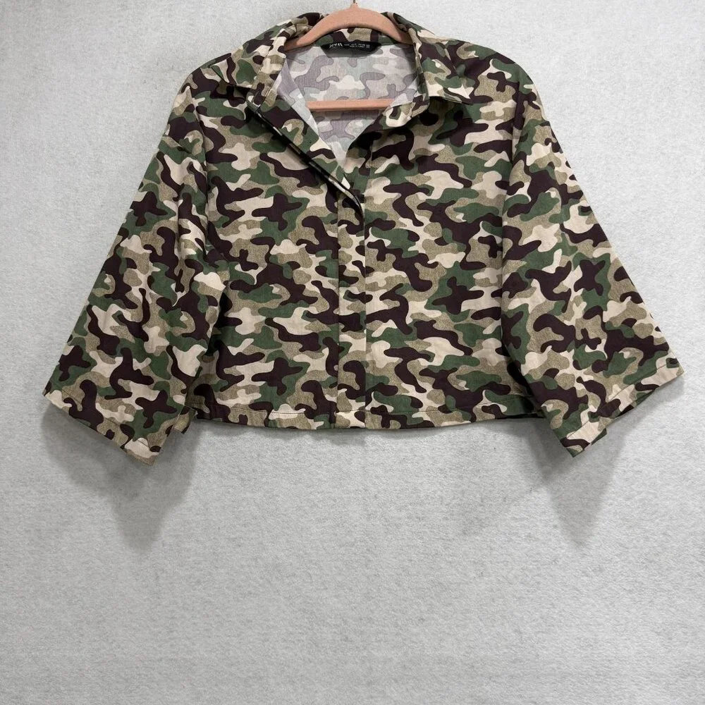 Zara Camo Shirt Skirt Set Womens XS Green Camouflage 2 Piece Military Utility - Picture 4 of 16